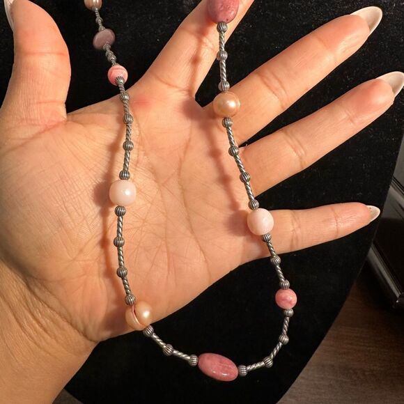 Carolyn Pollack Sterling Silver Rhodochrosite Rhodonite & Pearl Station Necklace - Picture 3 of 6